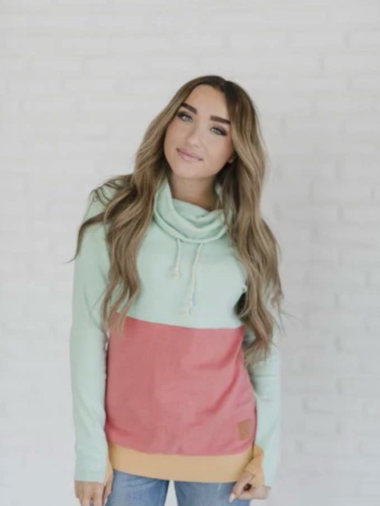 Home Town Rivalry Sweaters - Colorblock Cowlneck Pullover in Mint, Coral & Mustard